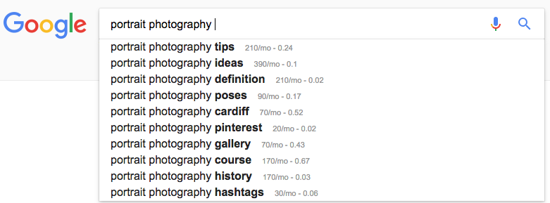 Screenshot of Keywords Everywhere data shown next to Google autocomplete suggestions