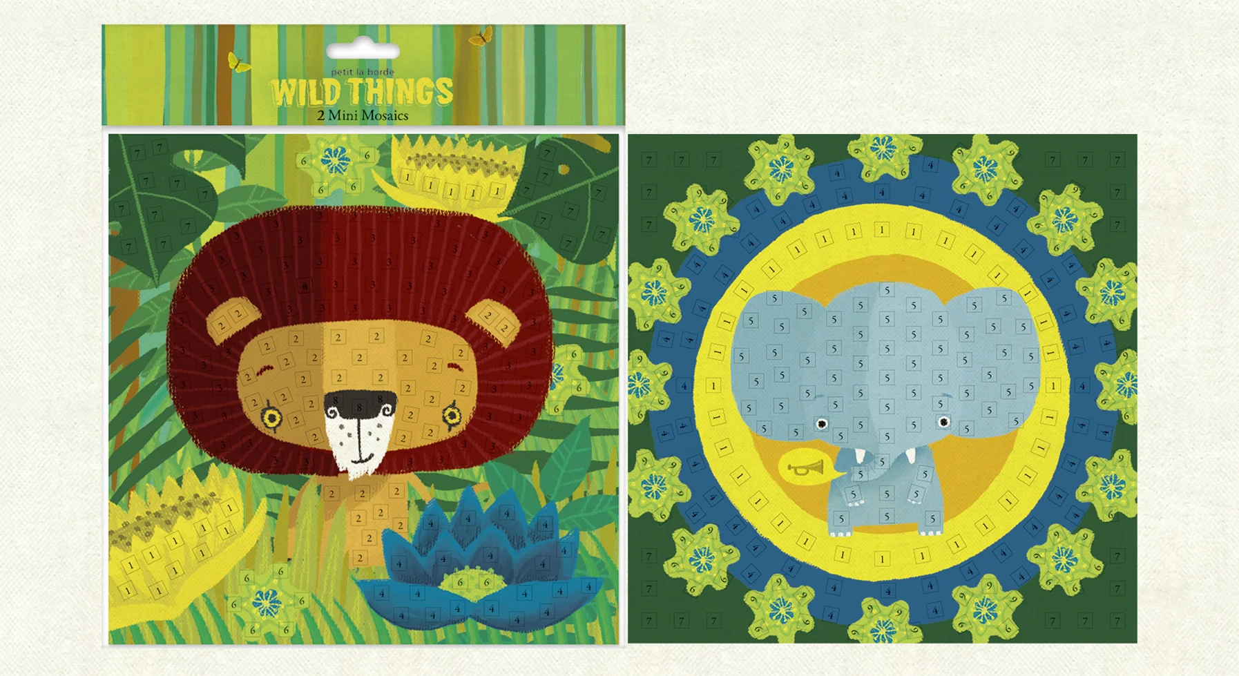 Wild Things Mosaics (200mm x 200mm). Set of two colour-coded artworks with 8 sheets of EVA mosaic tiles-by-number to stick on and create your own amazing mosaic. Click here to buy.