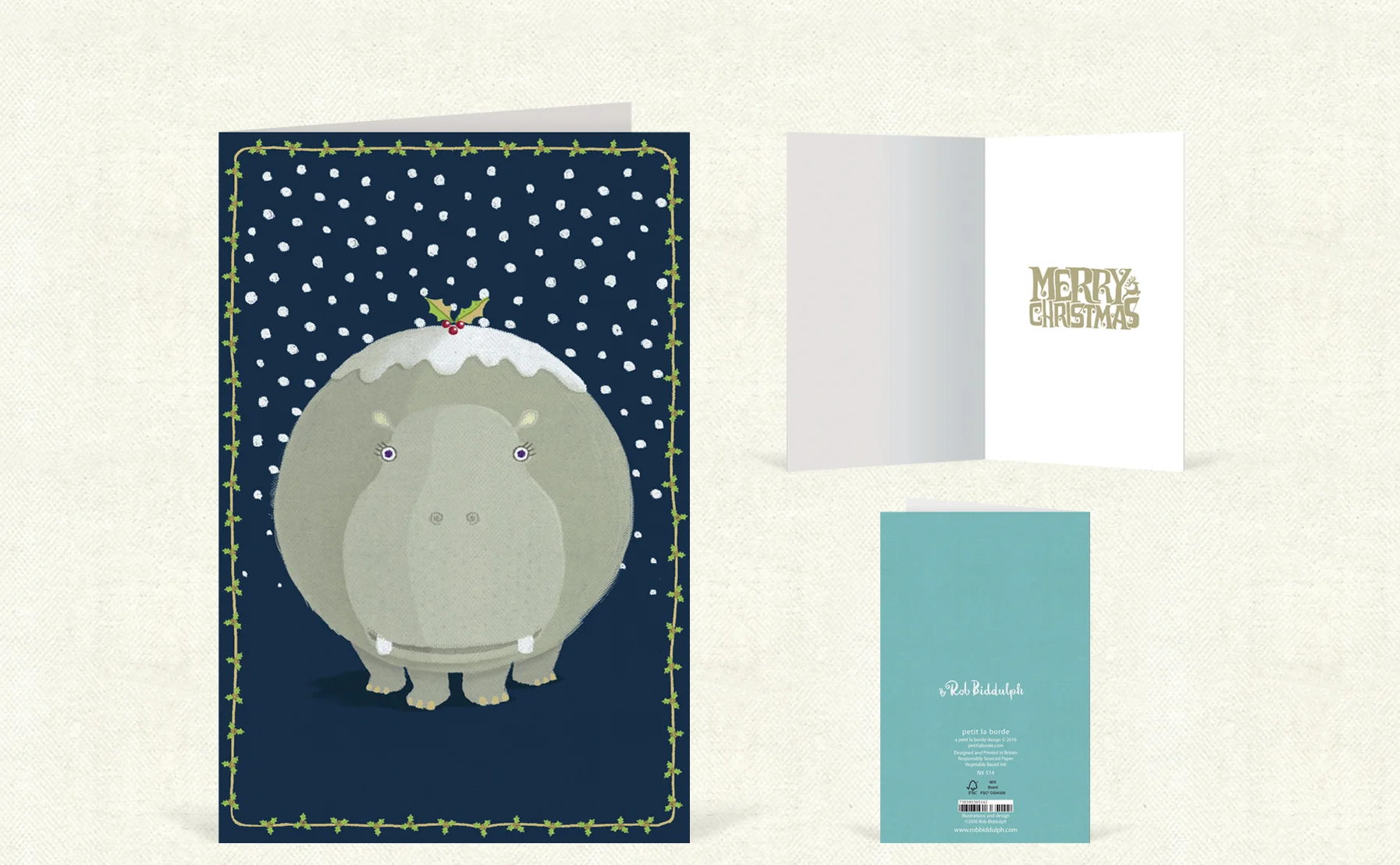 Hippo Christmas (90mm x 140mm). With silver foil detail. Click here to buy.