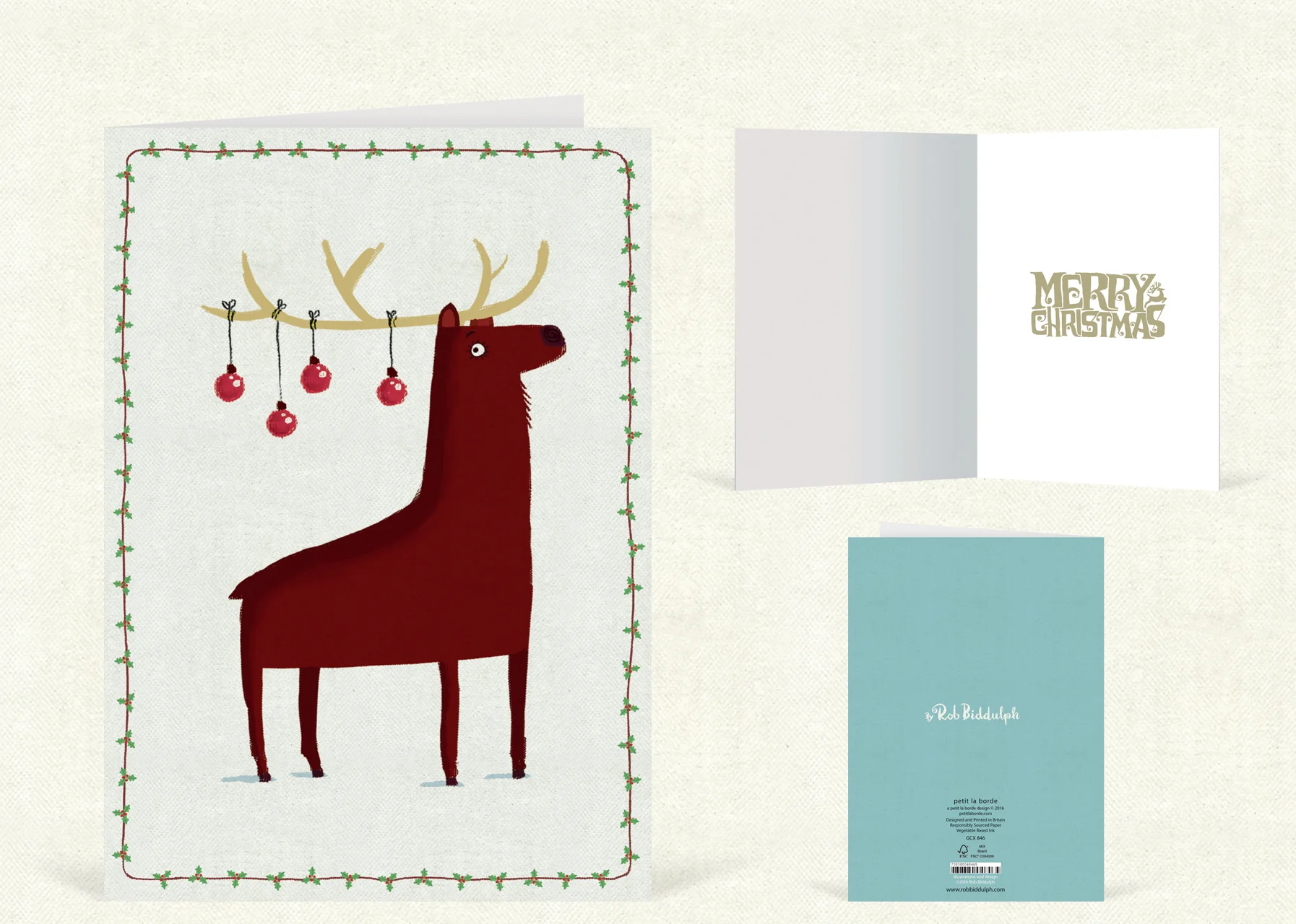 Reindeer Baubles Tall (120mm x 170mm). With gold foil detail.