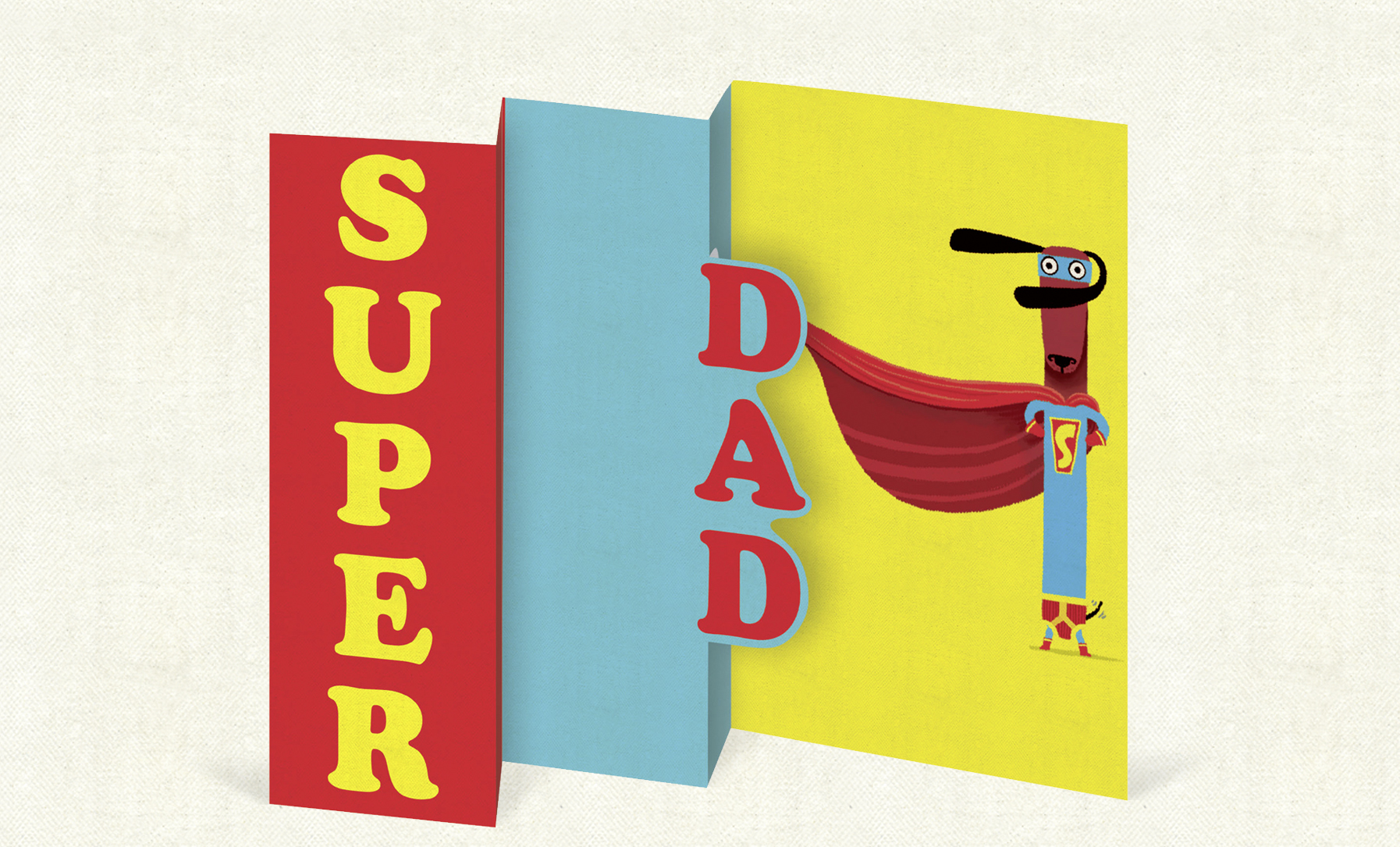 Super Dad (97mm x 147 mm). Trifold laser cut card on luxurious antique-wove board. Click here to buy.