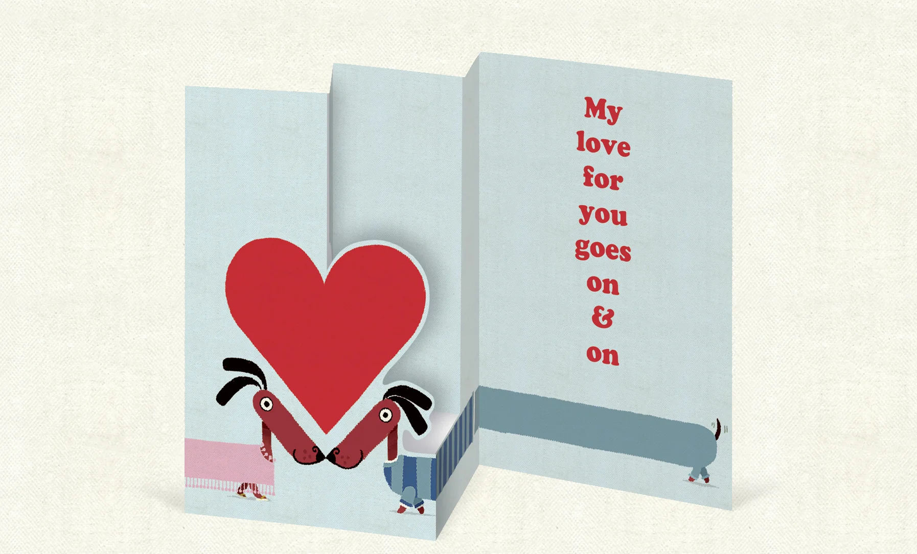 My Love For You Goes On & On (97mm x 147 mm). Trifold laser cut card on luxurious antique-wove board. Click here to buy.