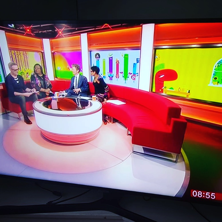 On the BBC Breakfast sofa with Malorie Blackman, Charlie Stayt and Naga Munchetty.