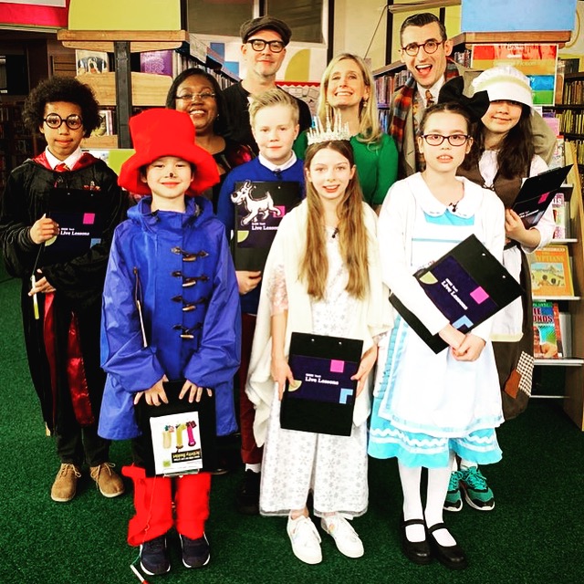 With Malorie Blackman, Cressida Cowell, Ben Shires and fabulously attired children at our BBC Live Lessons broadcast in Sale.