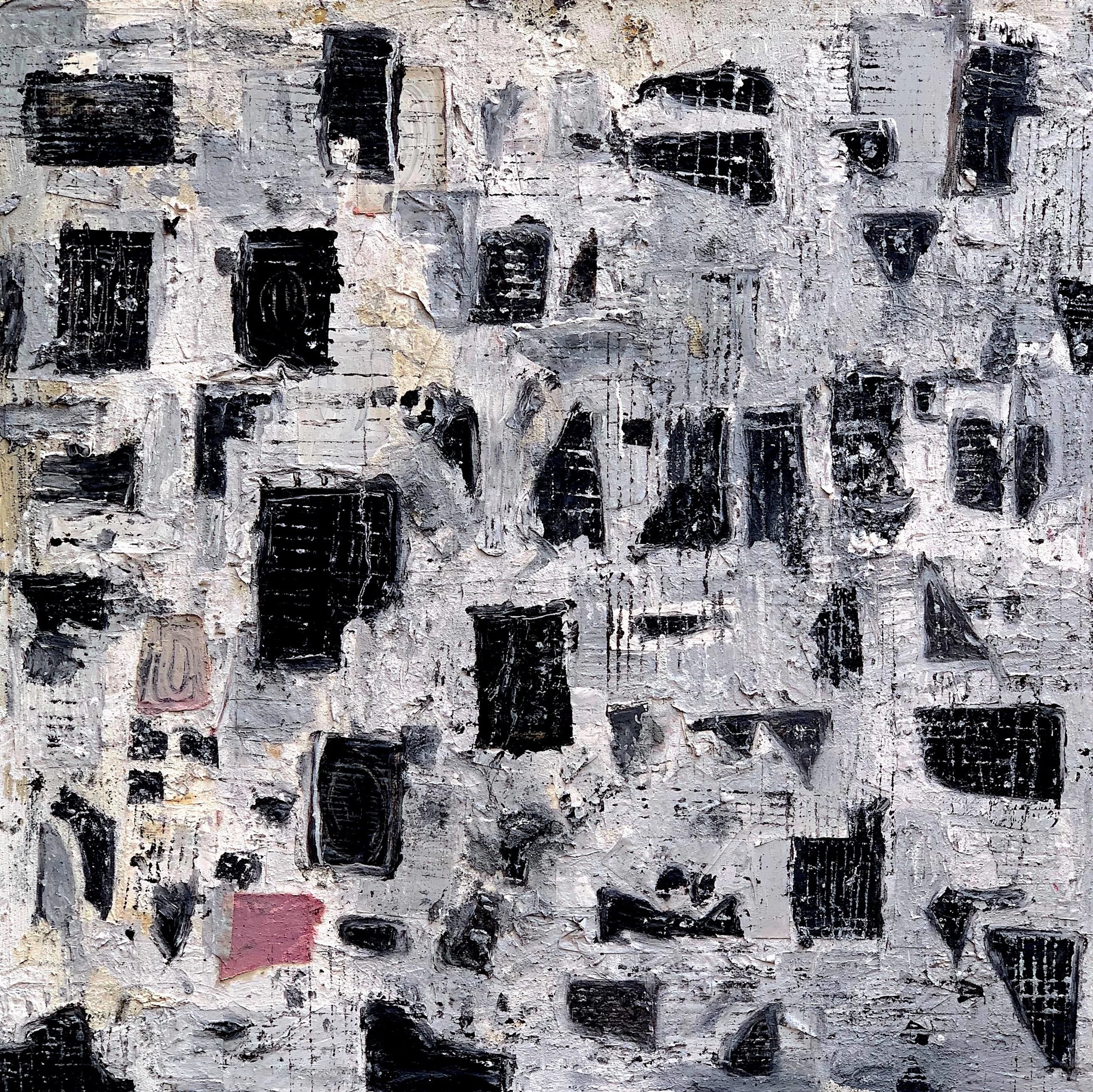 English Rhetoric - SOLD 48 x 48 acrylic, oil pastel, graphite and sand on canvas