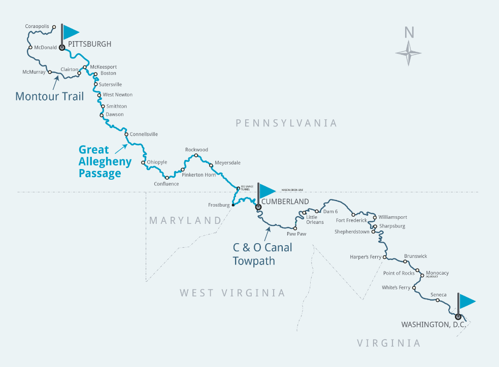 The Montour Trail, Great Allegheny Passage, and C&O Canal Towpath; map courtesy of gaptrail.org. Not pictured are the Western Maryland Rail Trail (hugging the C&O east of Little Orleans), the MacArthur Boulevard bike path and the Capital Crescent Trail (picking up within 20 miles of DC), and the Washington & Old Dominion and Custis Trails (crossing into Virginia at White's Ferry and back into DC at Georgetown).