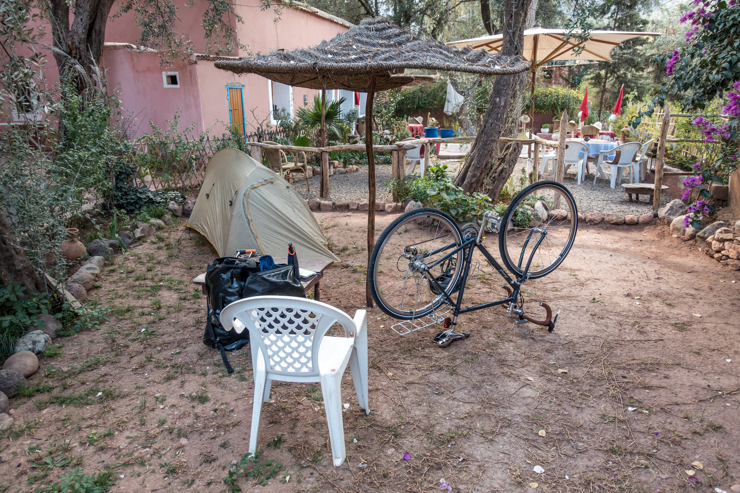 Camping on the lawn of a guesthouse on my very first night of bike travel.