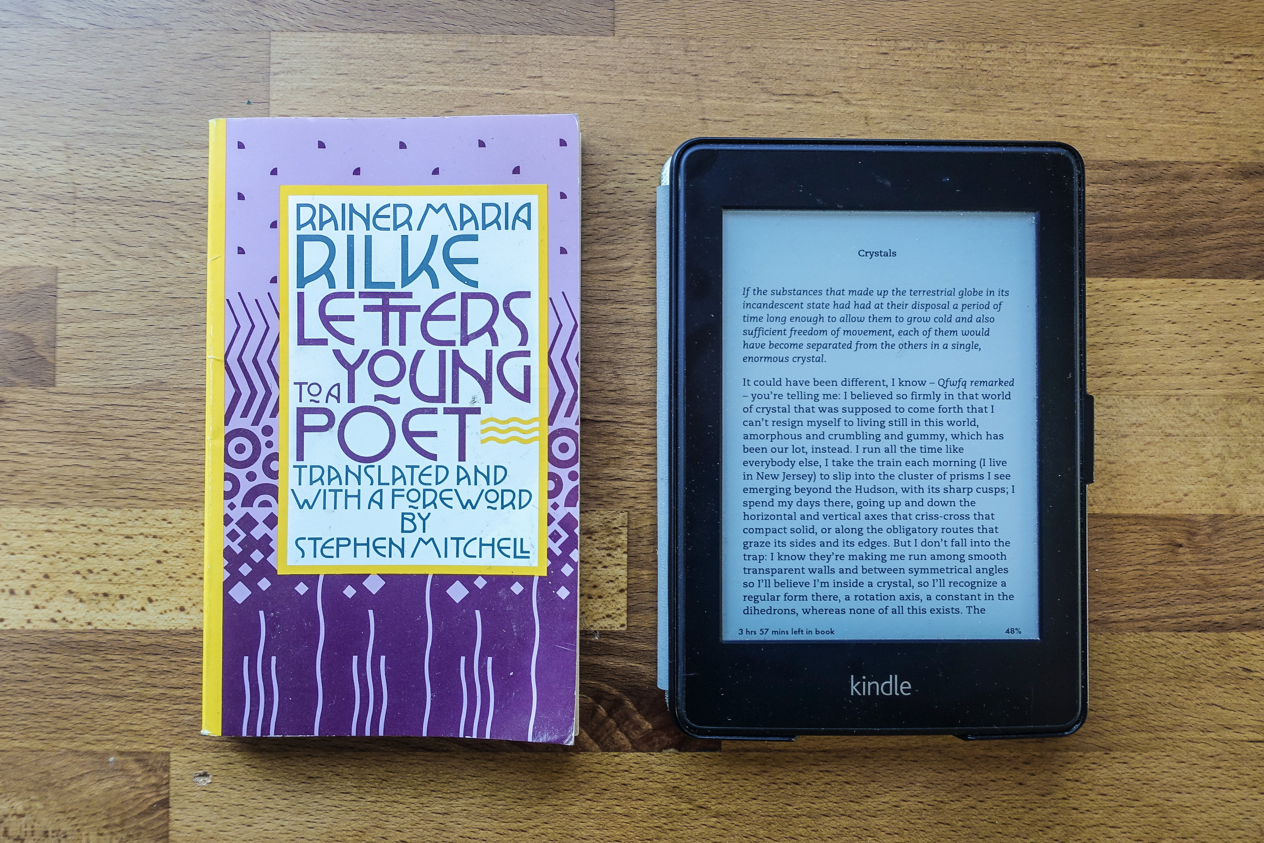 The Kindle Paperwhite is just about the same height, width, and depth as Rainer Maria Rilke's (very small) 'Letters to a Young Poet,' though the Kindle is heavier than this particular paperback.