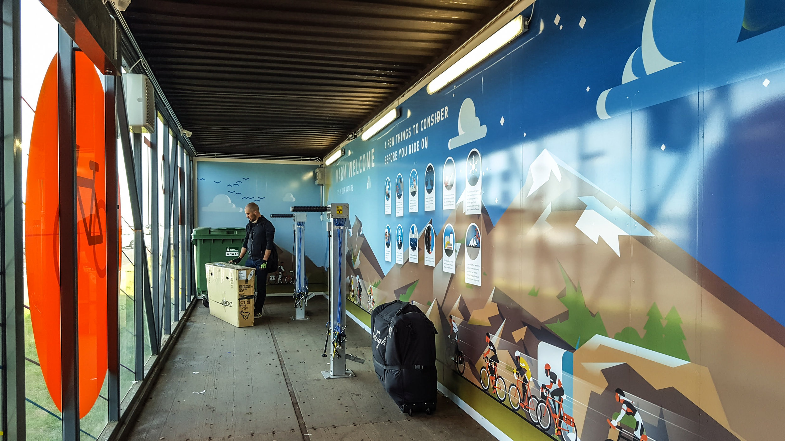 The Bike Pit, right outside the main doors of Keflavik Airport. There's ample space inside to work on a few bikes, and two workstands that offer tools and pumps.