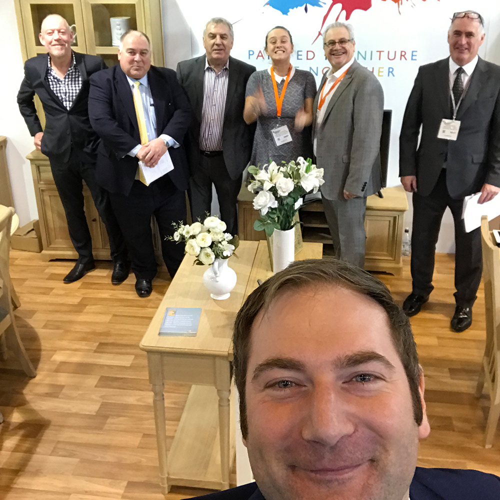 The Charltons Furniture at JFS 2017. In the foreground Managing Director Ross Charlton (returned to us safely by his medical team!) and in the background our Sales Team from left to right George Hatton, Steve Cole, David Fothergill, Sally Lungmuss, Steve Upperton (Head of Sales) and Francis Foley