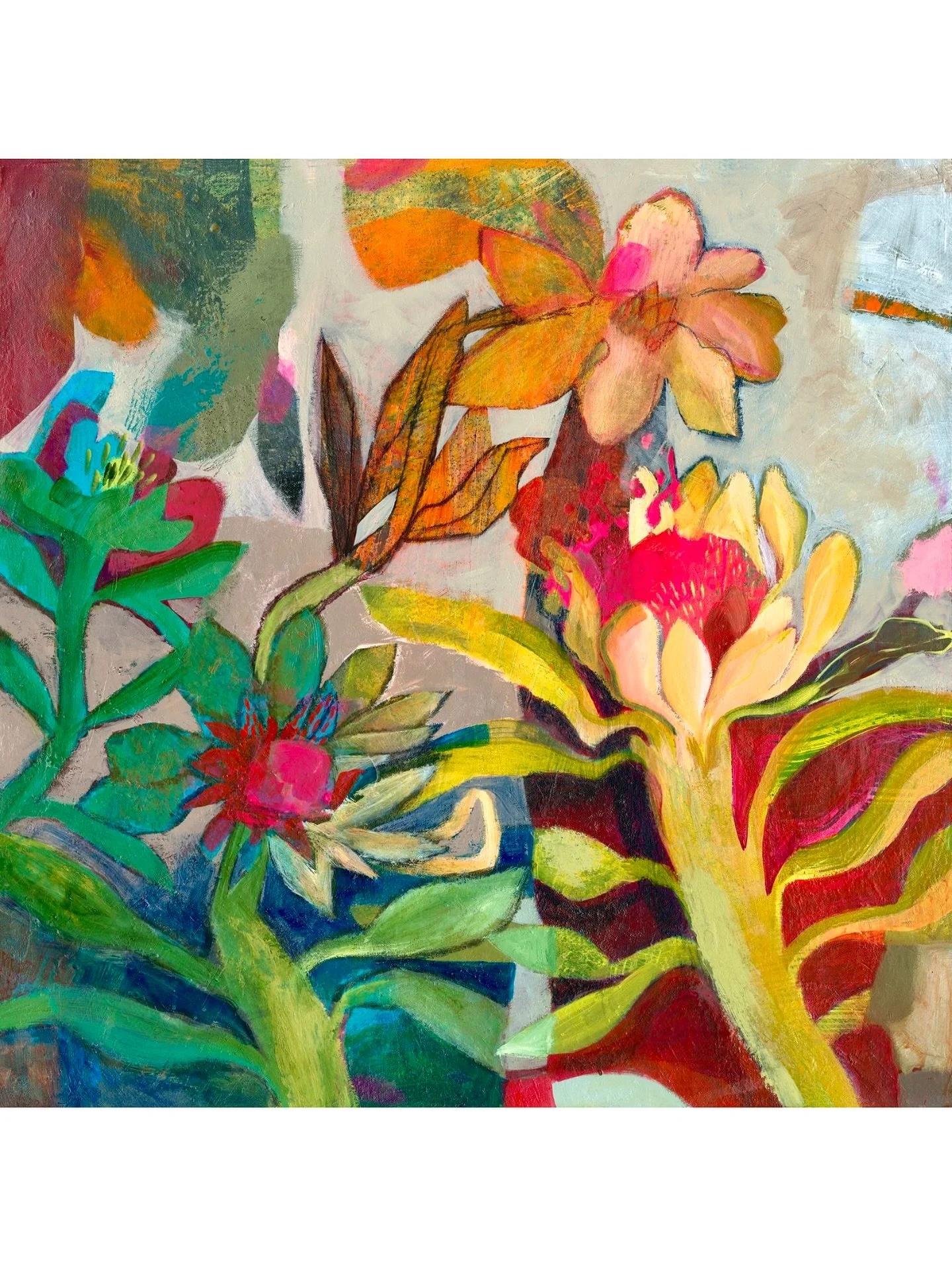 Are you affected by the seasons? I feel a bit melancholic and sad at this time of year, I love summer! On the day the clocks change here in the UK  I’m sharing this painting called Sugarbush. It features proteas and is bright and colourful. The