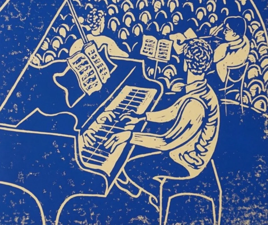 A candle-lit chamber music concert in your own home commemorated with a lino-cut print captured by artist Sophie Lewisohn. Made from sketches during the evening, you will receive 8 stunning hand-printed copies