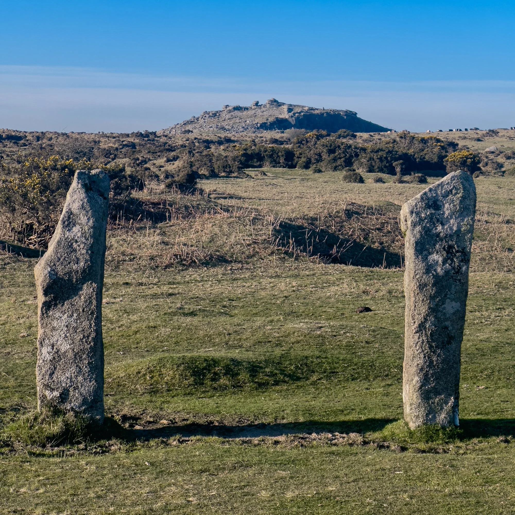The Pipers, nr Hurler Stone Circles, with Stowe's Hill to rear, Bodmin