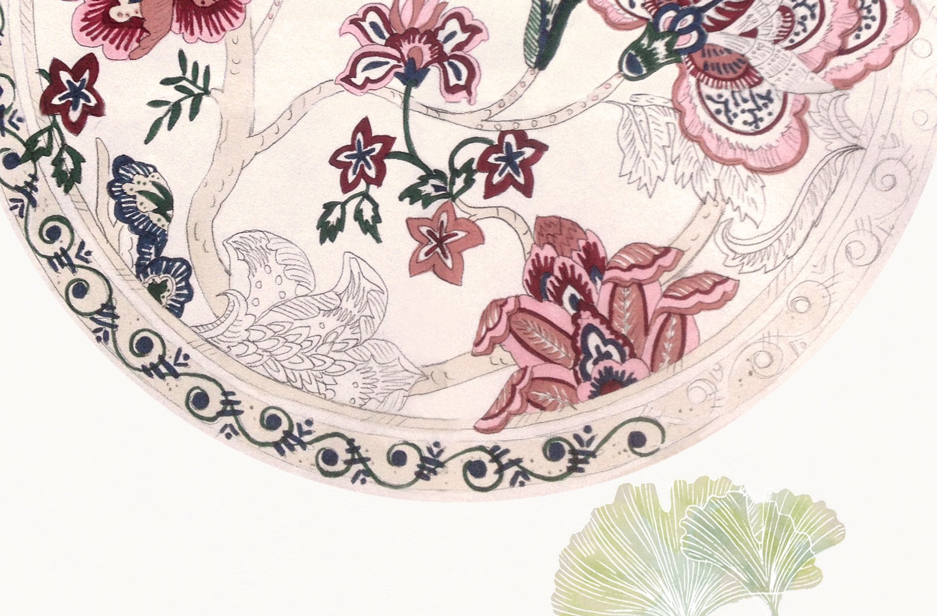  Pattern design and illustration for a collection of trays and centerpieces inspired by the traditional patterns of Deruta ceramics mixed with exotic textile references.  