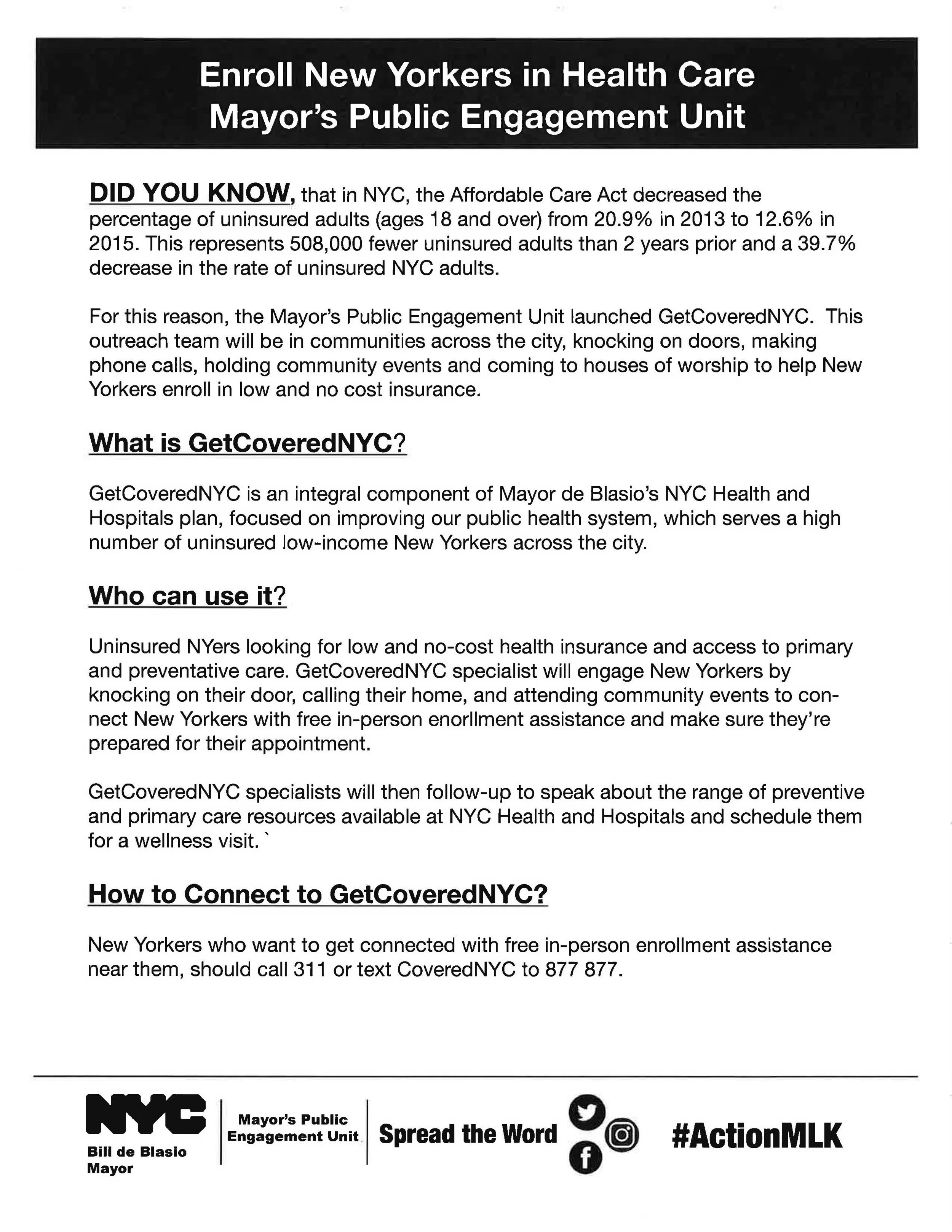 Enroll New Yorkers in Health Care Major's Public Engagement Unit
