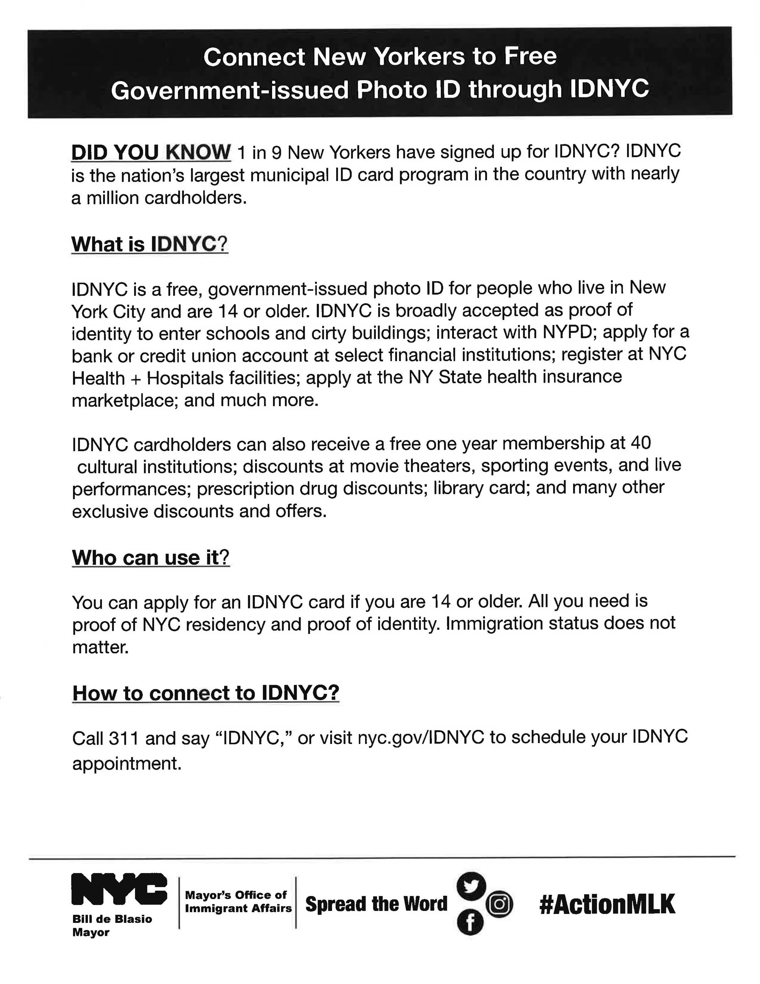 Connect New Yorkers to Free Government-issued Photo ID through IDNYC