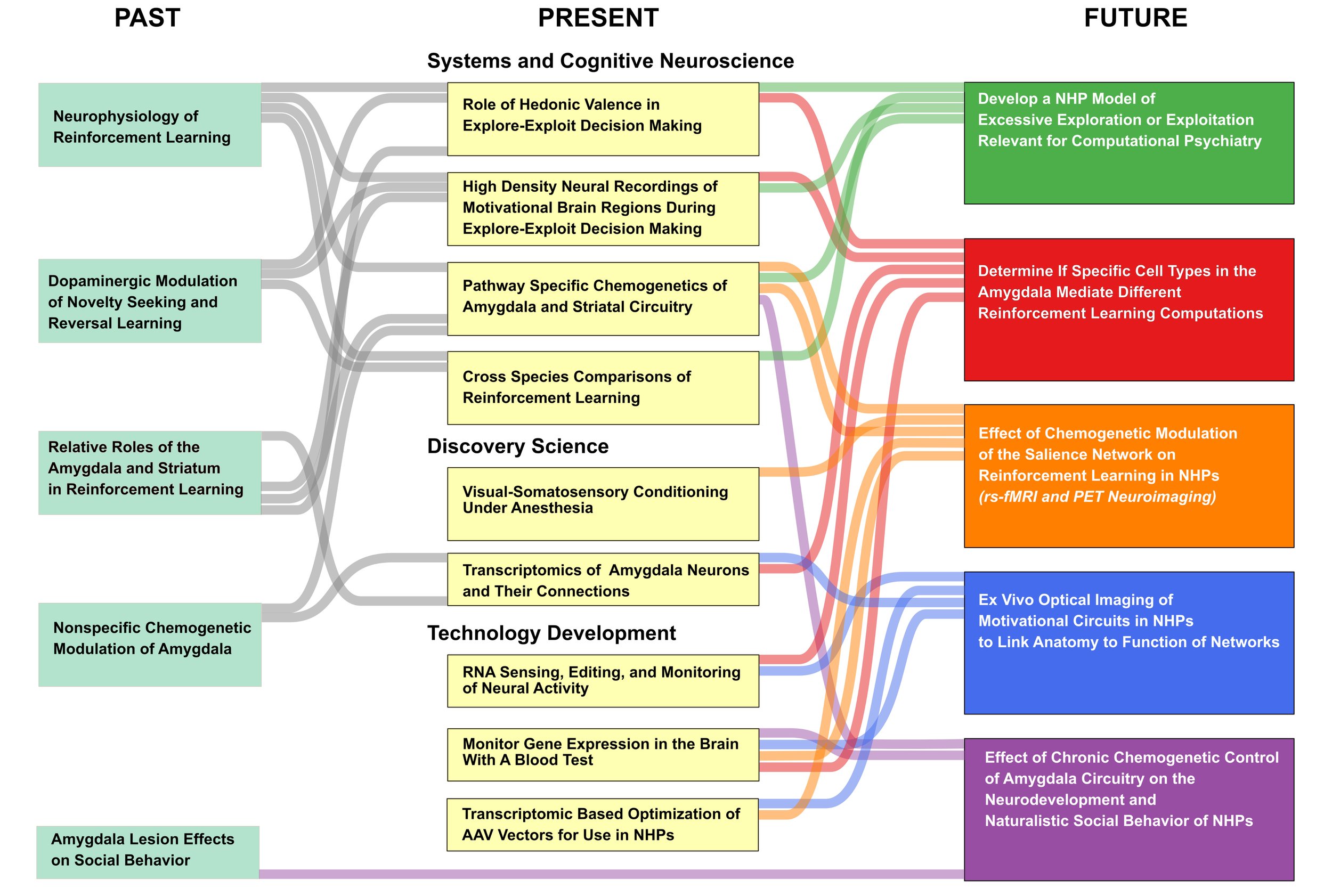 A flowchart illustrating the progression of neuroscience research from past to future, with categories like neurophysiology, dopaminergic modulation, relative roles of the amygdala, nonspecific chemogenetic modulation, and technology development, divided into sections labeled past, present, and future.