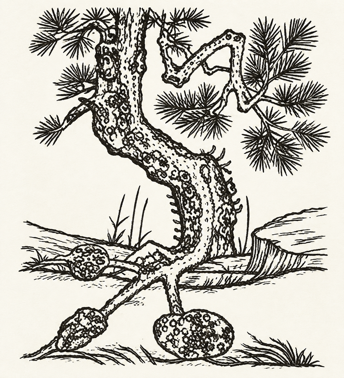 Woodcut image of Fu Ling (Poria) growing on pine roots