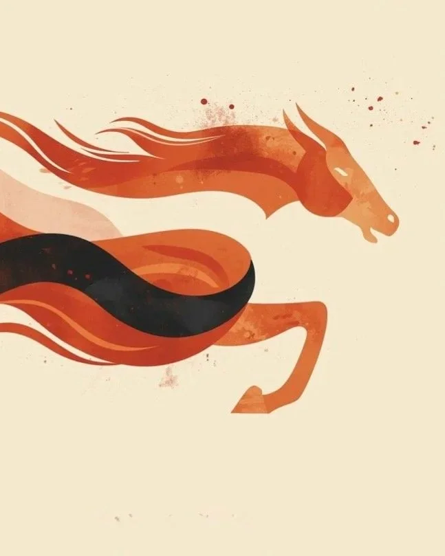 black red orange abstract horse for Ritual Health acupuncture in Berkeley CA Lunar New Year Yang Fire Horse Chinese Astrology Talk