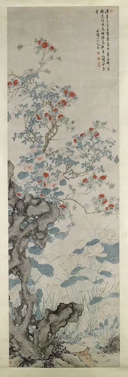 chinese painting of summer flowers and rocks for Ritual Health in Berkeley's Yangsheng and 24 solar terms class with Anne Shelton Crute This image describes Lixia node