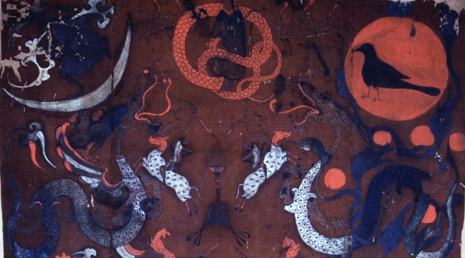 Mawangsui silk with reds and purple blues images of dragons and moon and serpent and toad for Ritual Health Acupuncture in Berkeley's Yangsheng Class