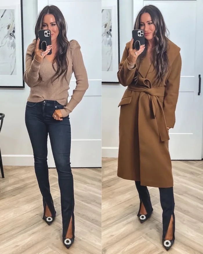 Express Outfits On Sale, Split Front Hem Jeans, Sparkle Heels, Winter Outfit Ideas, Busy Mom OOTD, LiveLoveBlank, Fashion Blogger, Neutral Sweater, Wrap Belt Coat