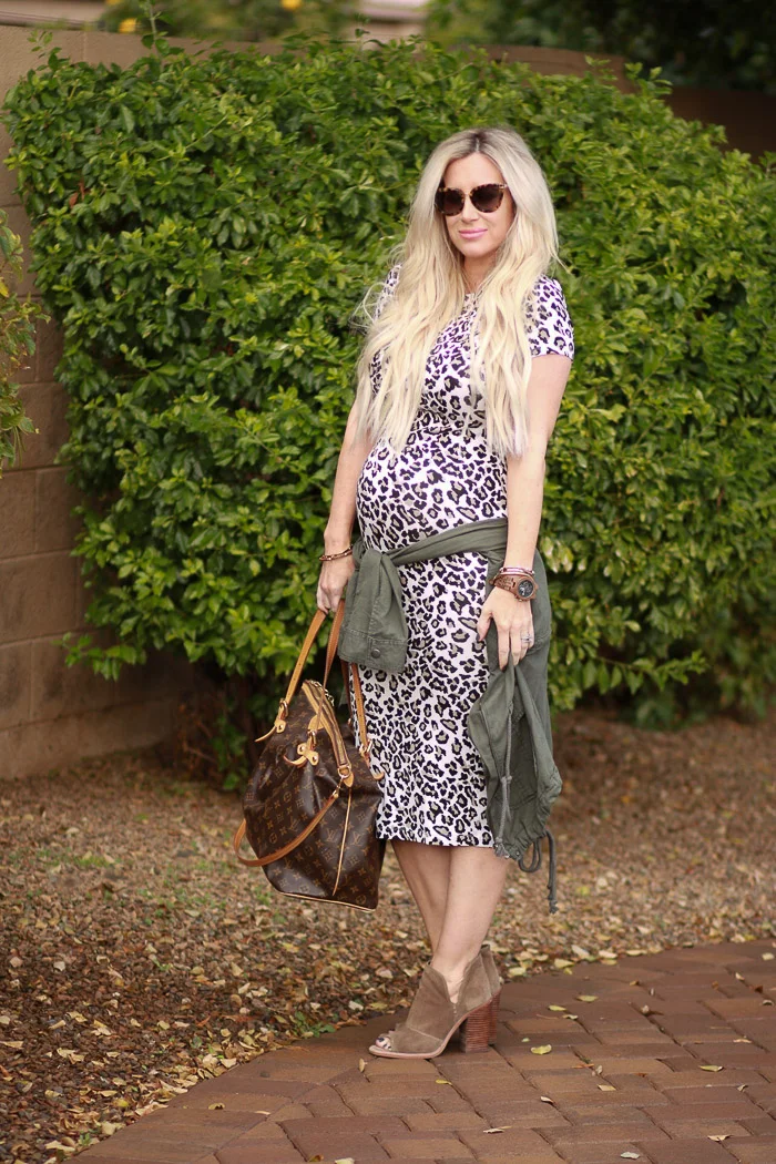 Live Love Blank Blog www.liveloveblank.com ASOS Maternity 7 months pregnant leopard print sheath easy to wear pregnancy maternity Stretch dress Styled with Green Military Anorak Nordstrom Sonix Sunglasses tortoise Vince Camuto Booties Louis Vuitton …