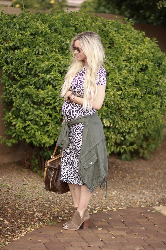 Live Love Blank Blog www.liveloveblank.com ASOS Maternity 7 months pregnant leopard print sheath easy to wear pregnancy maternity Stretch dress Styled with Green Military Anorak Nordstrom Sonix Sunglasses tortoise Vince Camuto Booties Louis Vuitton …