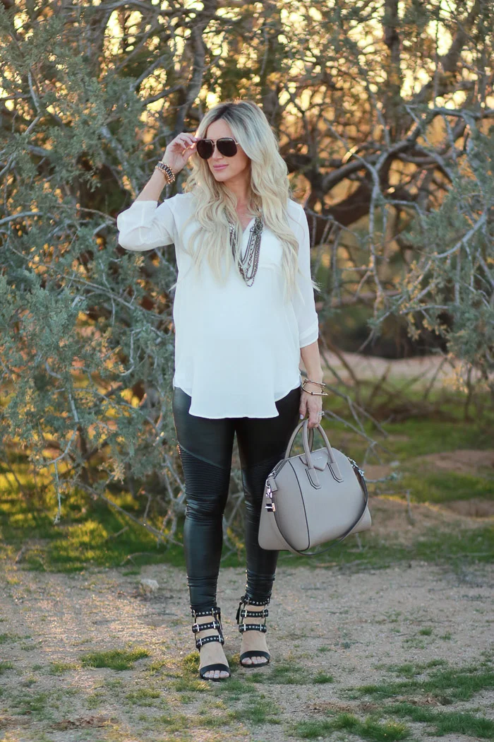 How to Style Faux Leather Maternity Leggings featured by top US fashion blog, Live Love Blank