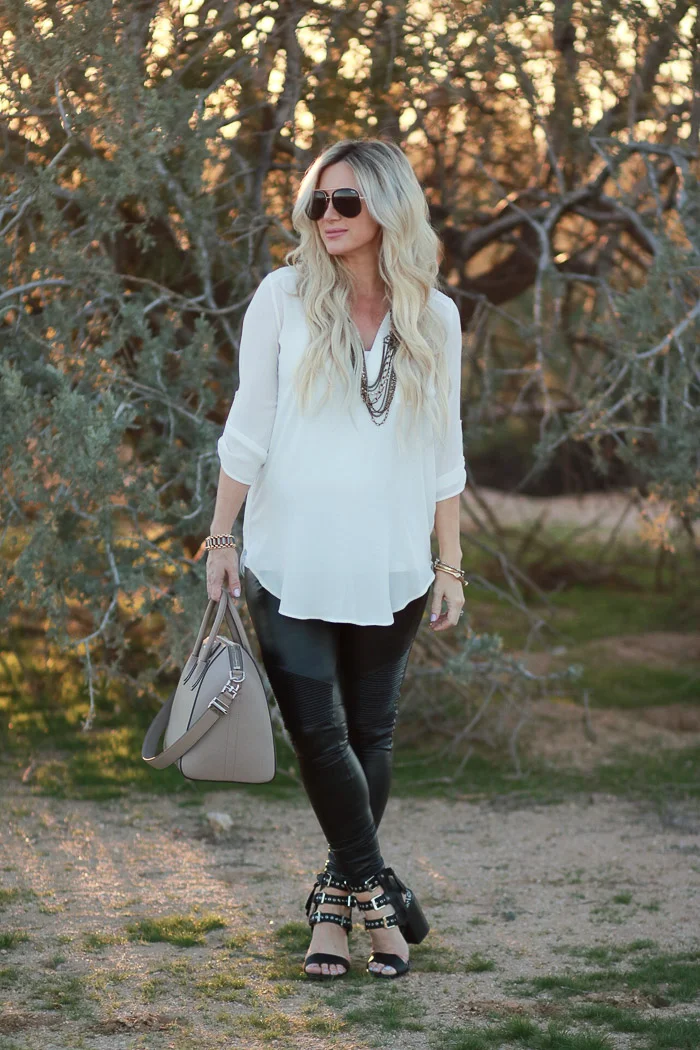 How to Style Faux Leather Maternity Leggings featured by top US fashion blog, Live Love Blank