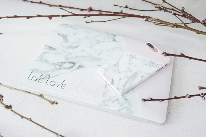 Live Love Blank Custom iPhone 7 Plus Phone Case Cover and Macbook Pro laptop skin custom marble and blush with branding logo business name CaseApp