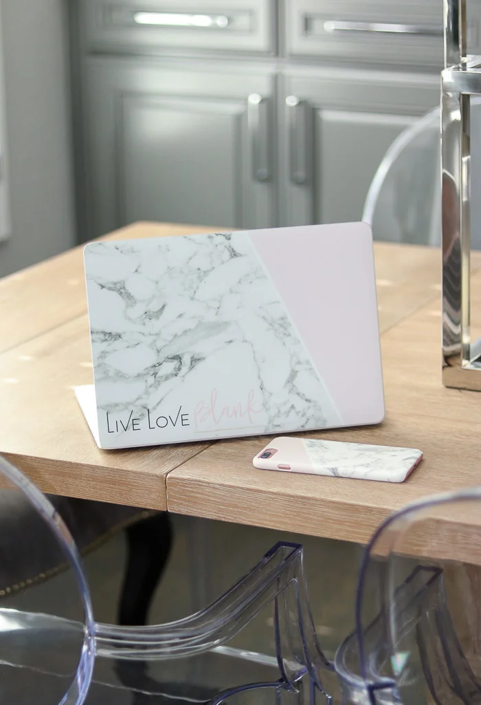 Live Love Blank Custom iPhone 7 Plus Phone Case Cover and Macbook Pro laptop skin custom marble and blush with branding logo business name CaseApp