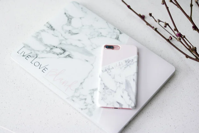 Live Love Blank Custom iPhone 7 Plus Phone Case Cover and Macbook Pro laptop skin custom marble and blush with branding logo business name CaseApp