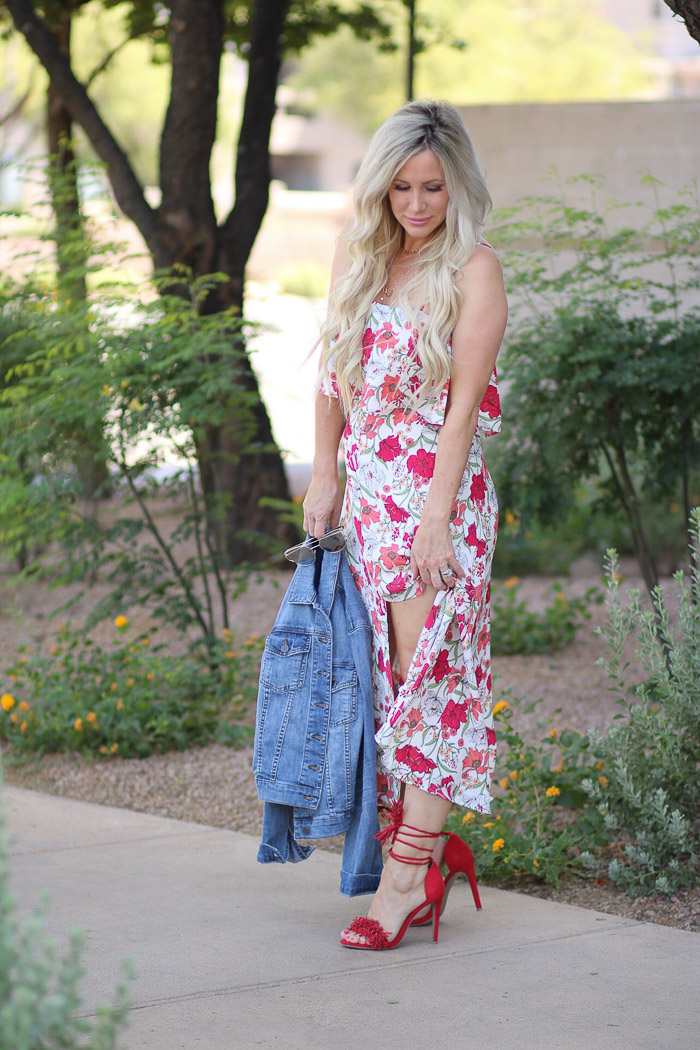 Floral Dress and Denim Jacket Love AffairAnd These Red Heels — Live Love  Blank