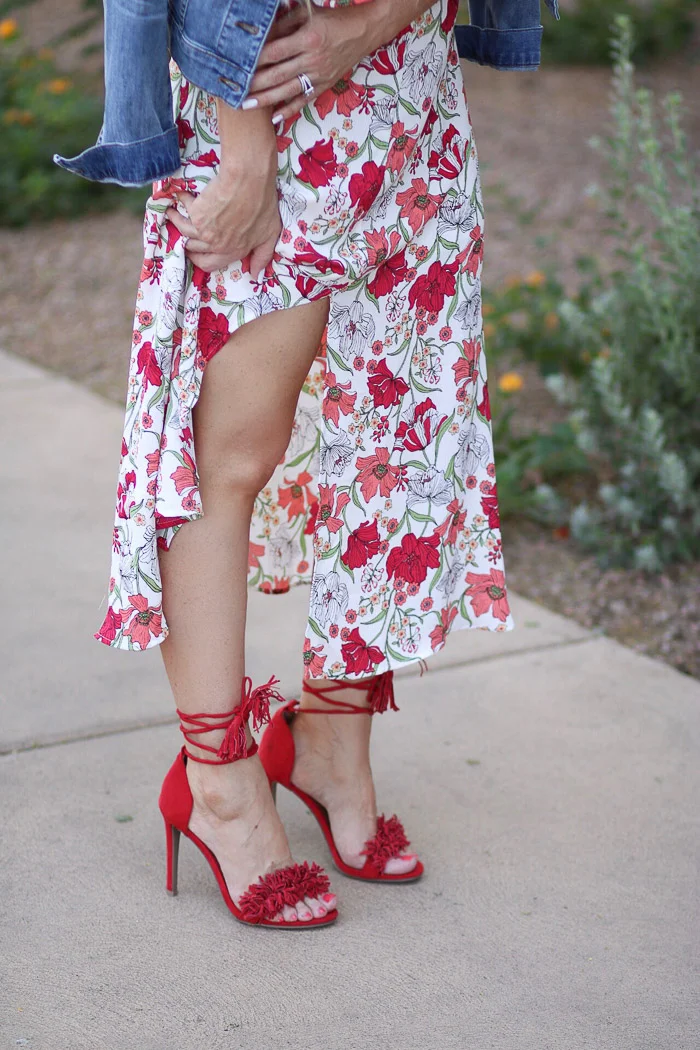 Live Love Blank Red Floral Dress Nordstrom, denim Jacket Jeans Kut from the Cloth, and Red fringe high heels Target , $12 BP Sunglasses Sunnies, express clothing layered necklace