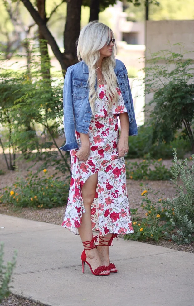 Floral Dress and Denim Jacket Love Affair...And These Red Heels