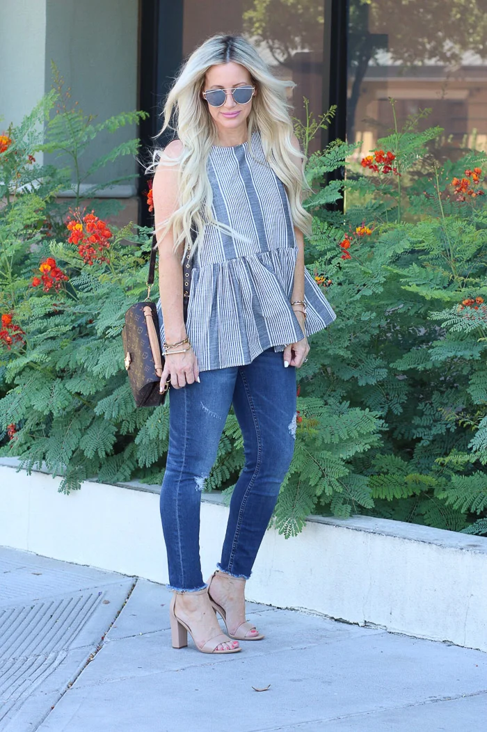 Live Love Blank Instagram Favorites Round Up and Recap June 2017 BP Peplum stripe top, sam edelman beige snadlas heels, louis vuitton pochette metis, and nordtsrom distressed denim jeans bp sunglasses sunnies