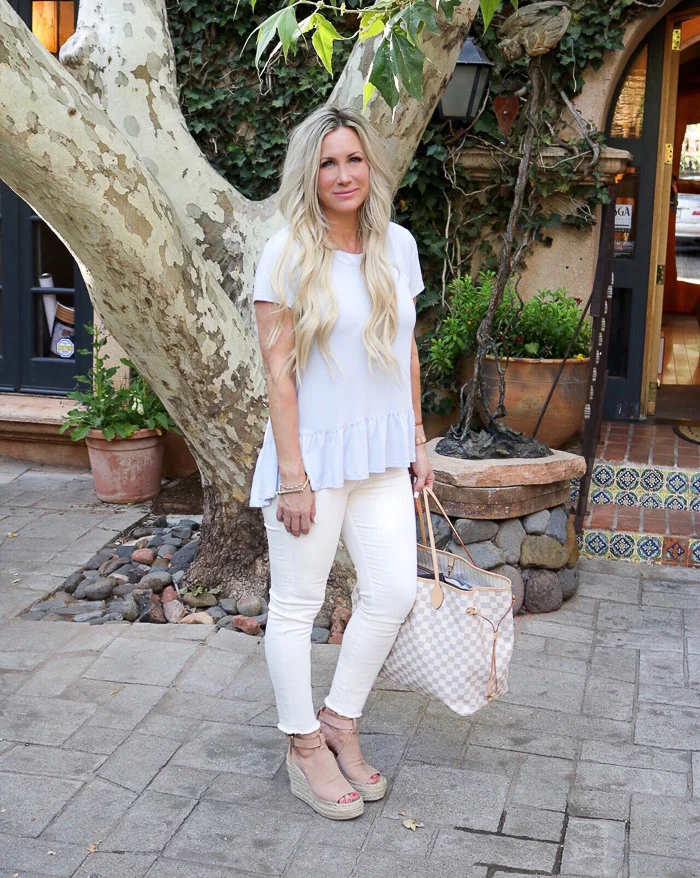 Live Love Blank Instagram Favorites Round Up and Recap June 2017 Bp peplum light blue top tee nordstrom, asos skinny jeans denim marc fisher wedges annie, miansai bracelet, louis vuitton neverfull GM sedona mom life,