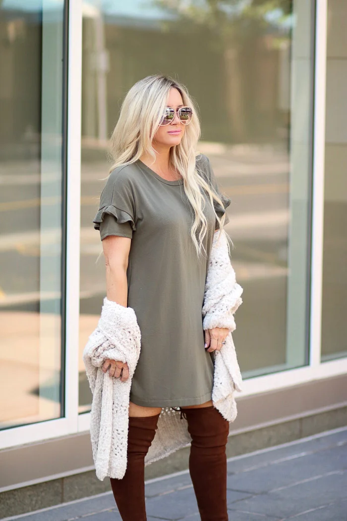 Live Love Blank The Must Gave Cardigan, T-Shirt Ruffle Sleeve Dress, and Over the Knee Boots for Everyday