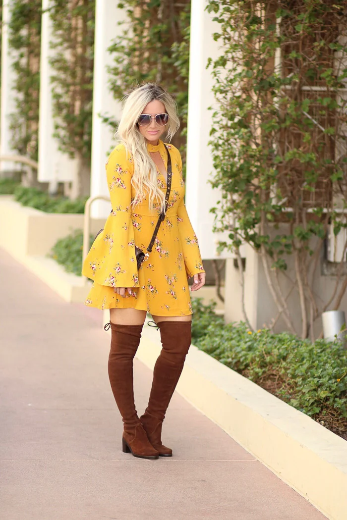Live Love Blank Fall Style, Yellow Floral Dress and Over The Knee Stuart Weitzman Boots