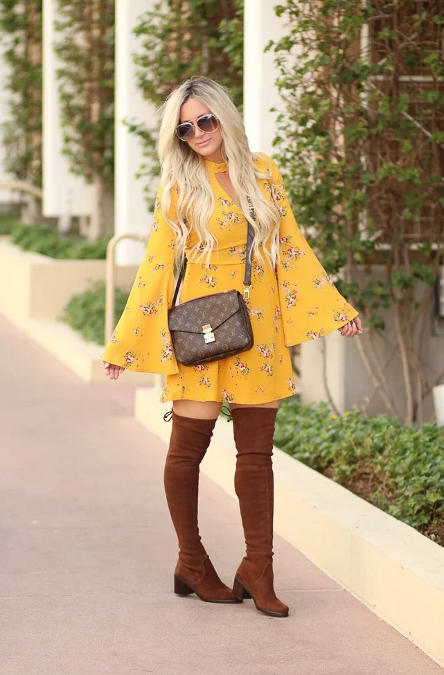 Fall Style, Floral Yellow Dress With Over The Knee Boots