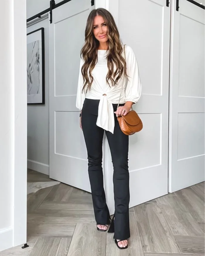 Part of my 9 ways to wear these amazing pants...love the side slits at the ankle (high rise and good stretch), workwear, office outfit idea, bodysuit, heels, express outfit ideas, fall outfit ideas, tie front blouse, weekend chic