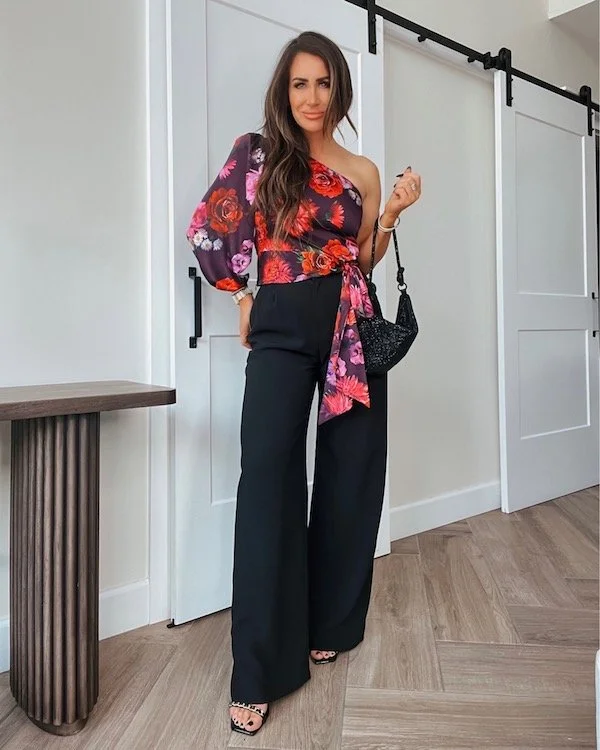 high waist pleated pant, floral one shoulder top