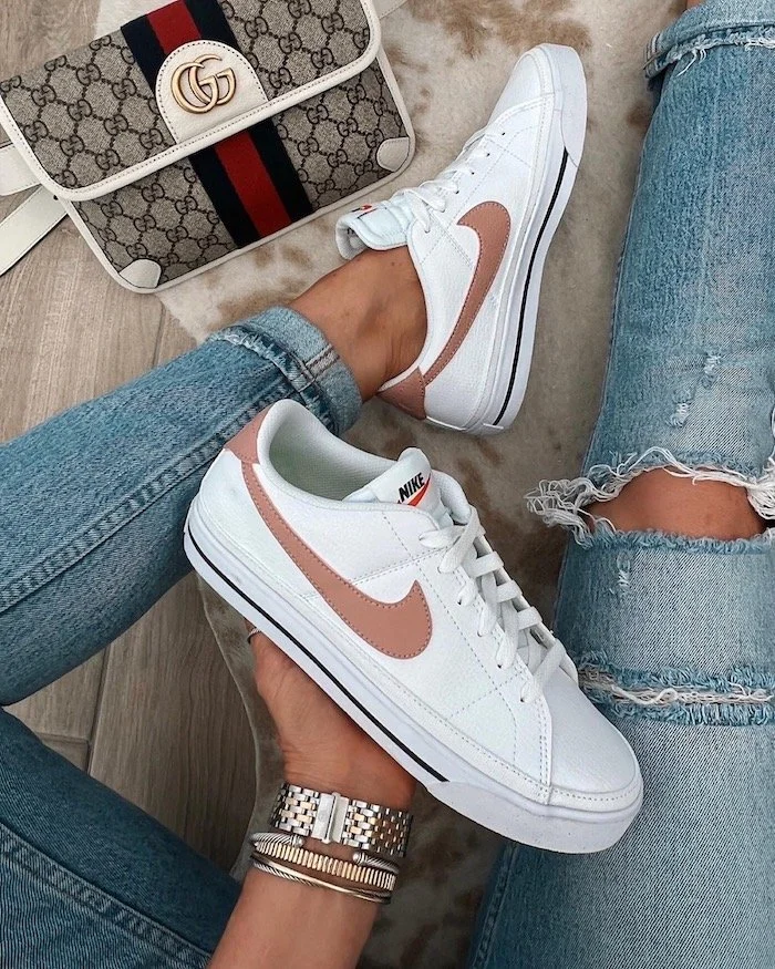 nike sneakers, new colors, pink swoosh, best everyday casual sneaker, gucci belt bag purse