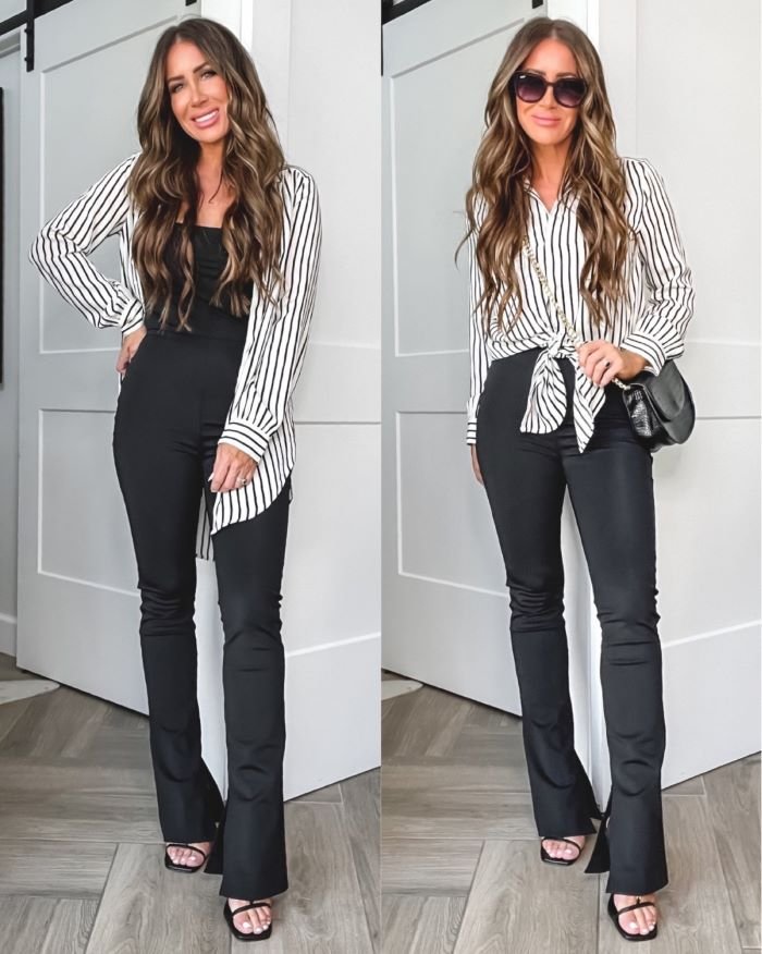 Flared leggings outfit inspo  Outfits with flares, Black flared pants  outfit, Women white blouse