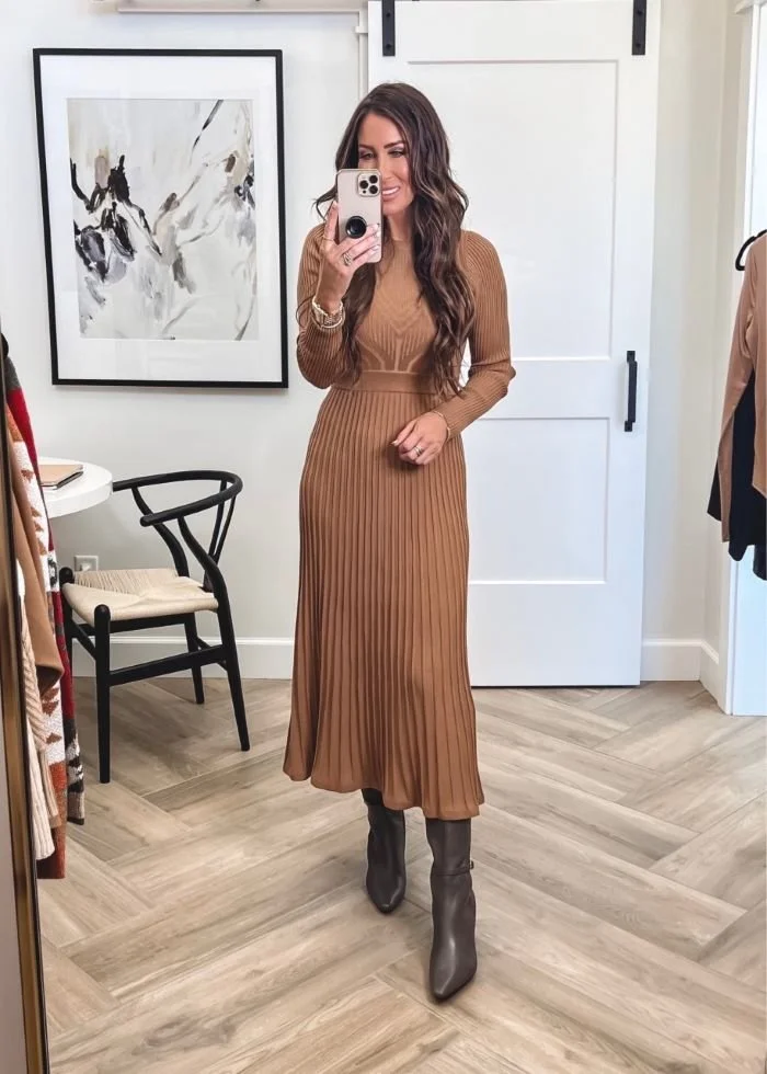 Express Dress on sale, Pleated Dress, Boots with buckle, Neutral dress, Winter OOTD, Workwear, LiveLoveBlank, Fashion Blogger