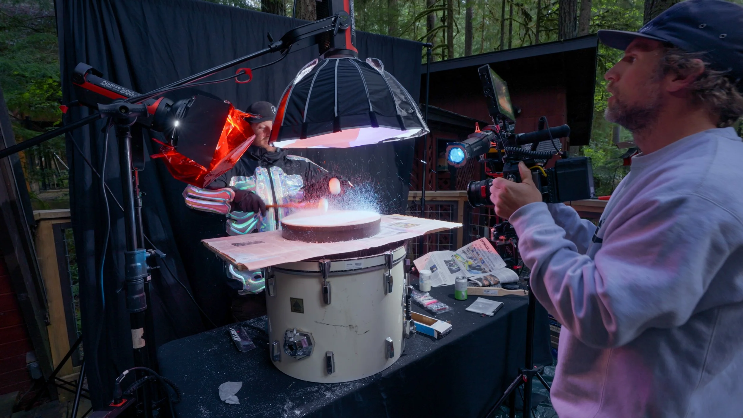 Jeff shooting a slow motion Freefly Ember shot of Tyler Hamlet standing in for Mickey Hart for the Drums in Space segment in "Mountains of the Moon". Glacier, Washington. Photo: Cody Carter 2025