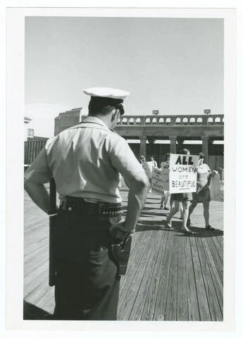The No More Miss America protest (Aliz Shulman holding poster), Atlantic City, 1968