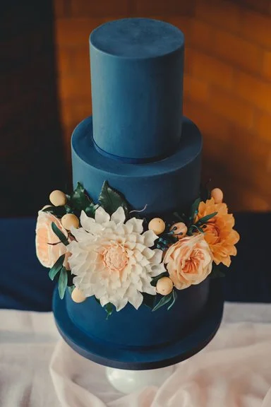 Navy Blue and Peach Floral Wedding Cake