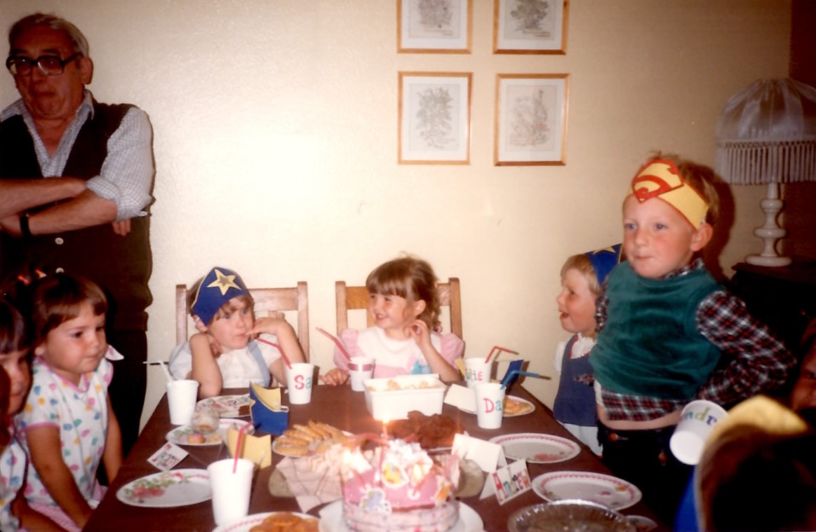 That’s me, top right with the mega-fringe! Check out my fabulous home-made birthday cake at the bottom of the picture, so much pink, I actually think it may have been My Little Pony-themed! Also my wonderful Grandad on the left, drafted in to help “supervise”………